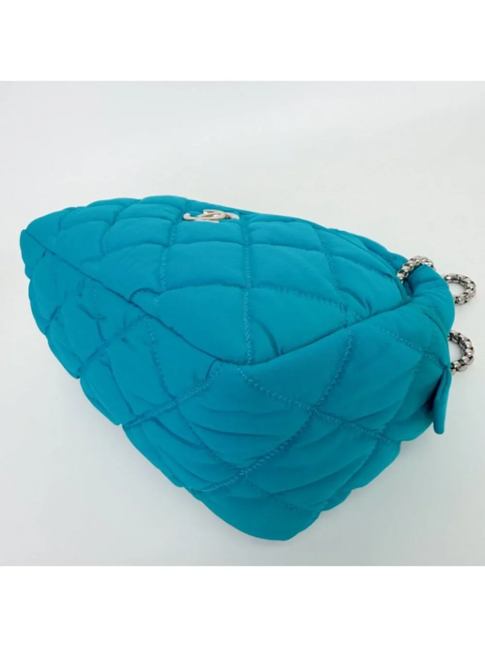 Chanel Bubble Quilt Chain Shoulder Bag Cotton Turquoise Blue Silver Seal Vintage